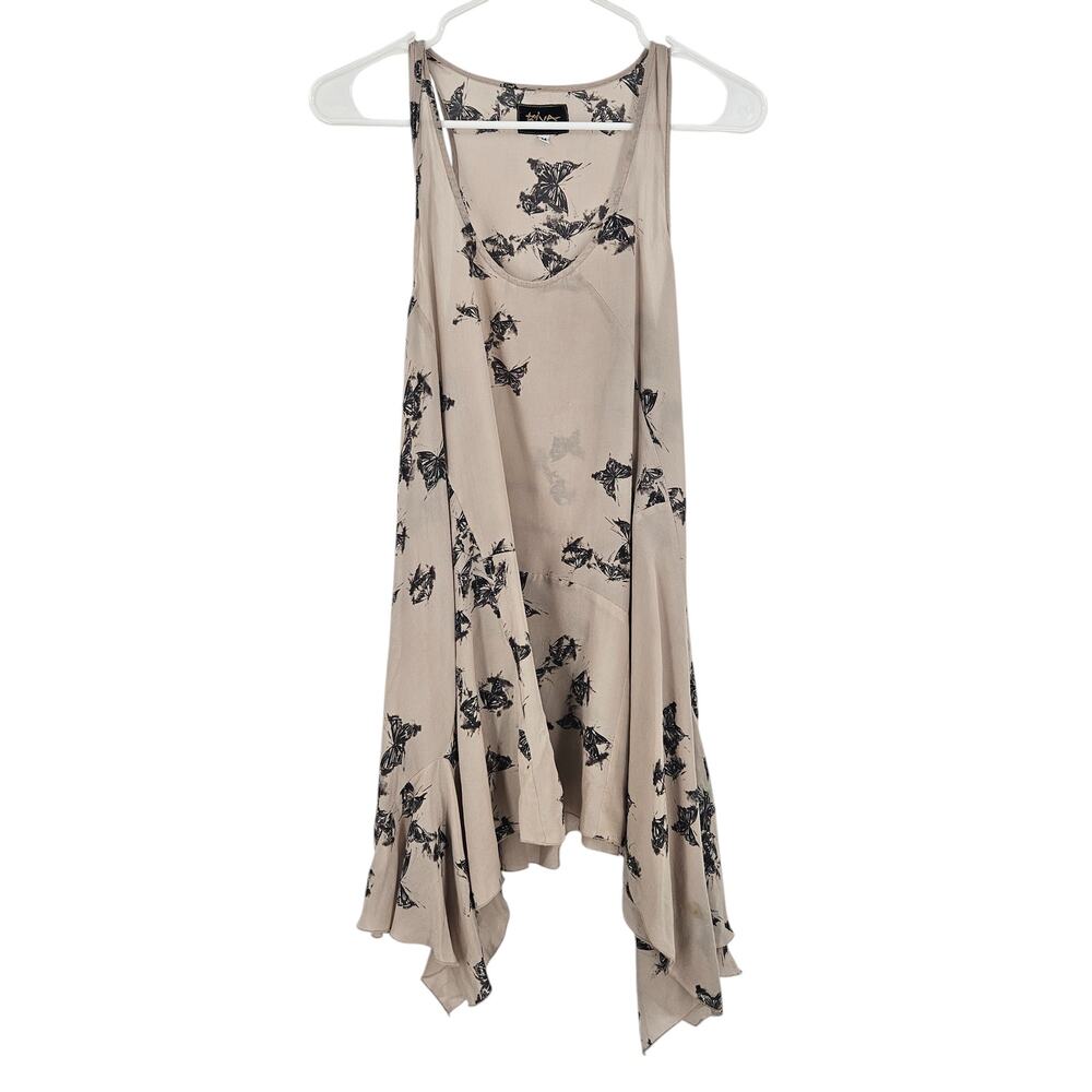Biya Johnny Was Tunic Top Tan Silk Sleeveless Ruffle Asymmetric Flowy Size M
